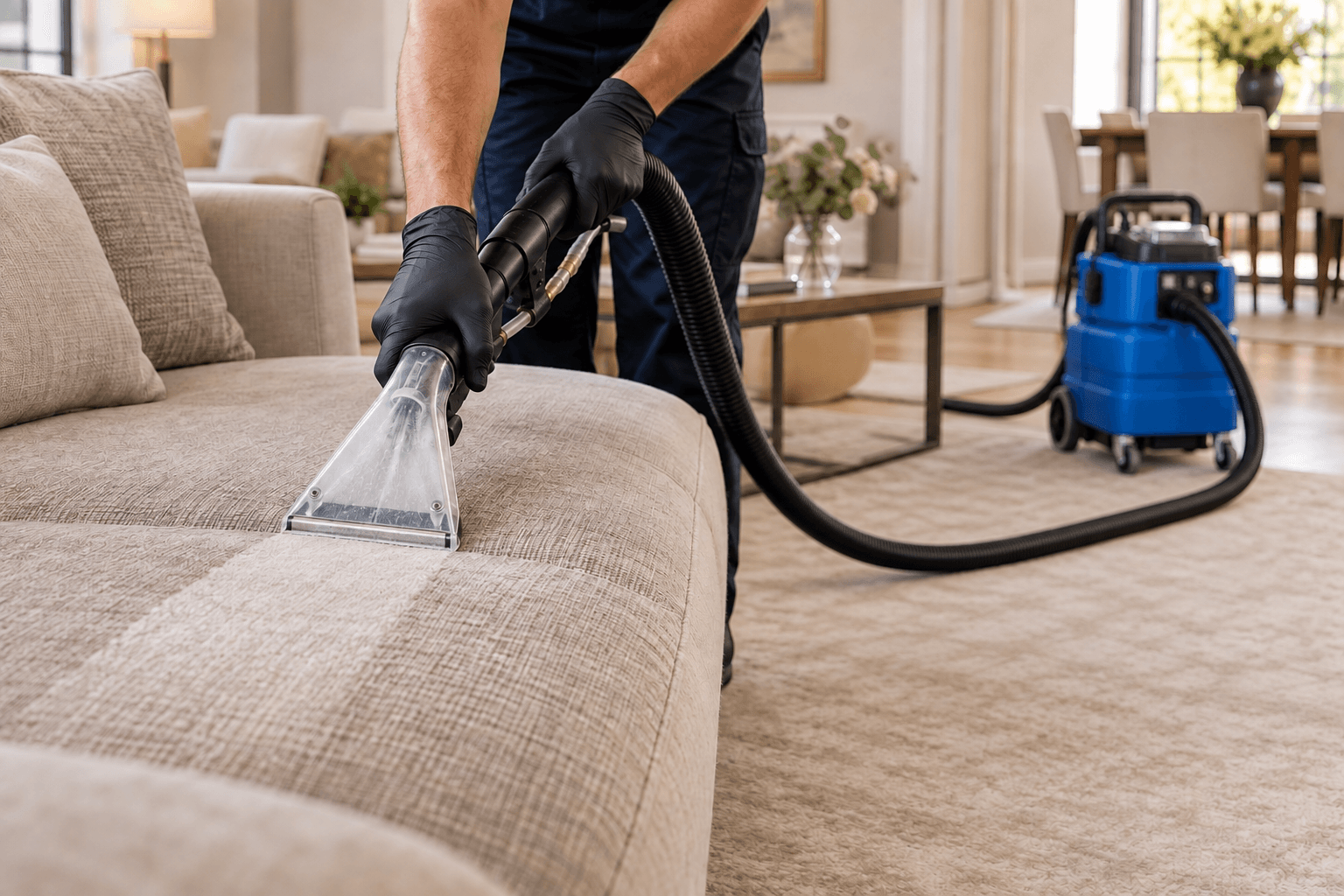 Professional extraction cleaning of a sofa with black gloves and a blue extractor